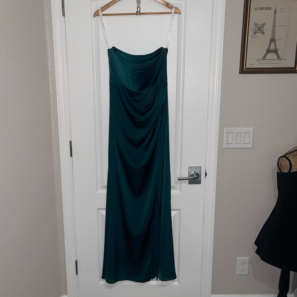 Azazie Darria Stretch Pine Green Sheath Square Neckline Pleated Stretch Gown A4 - Picture 3 of 15